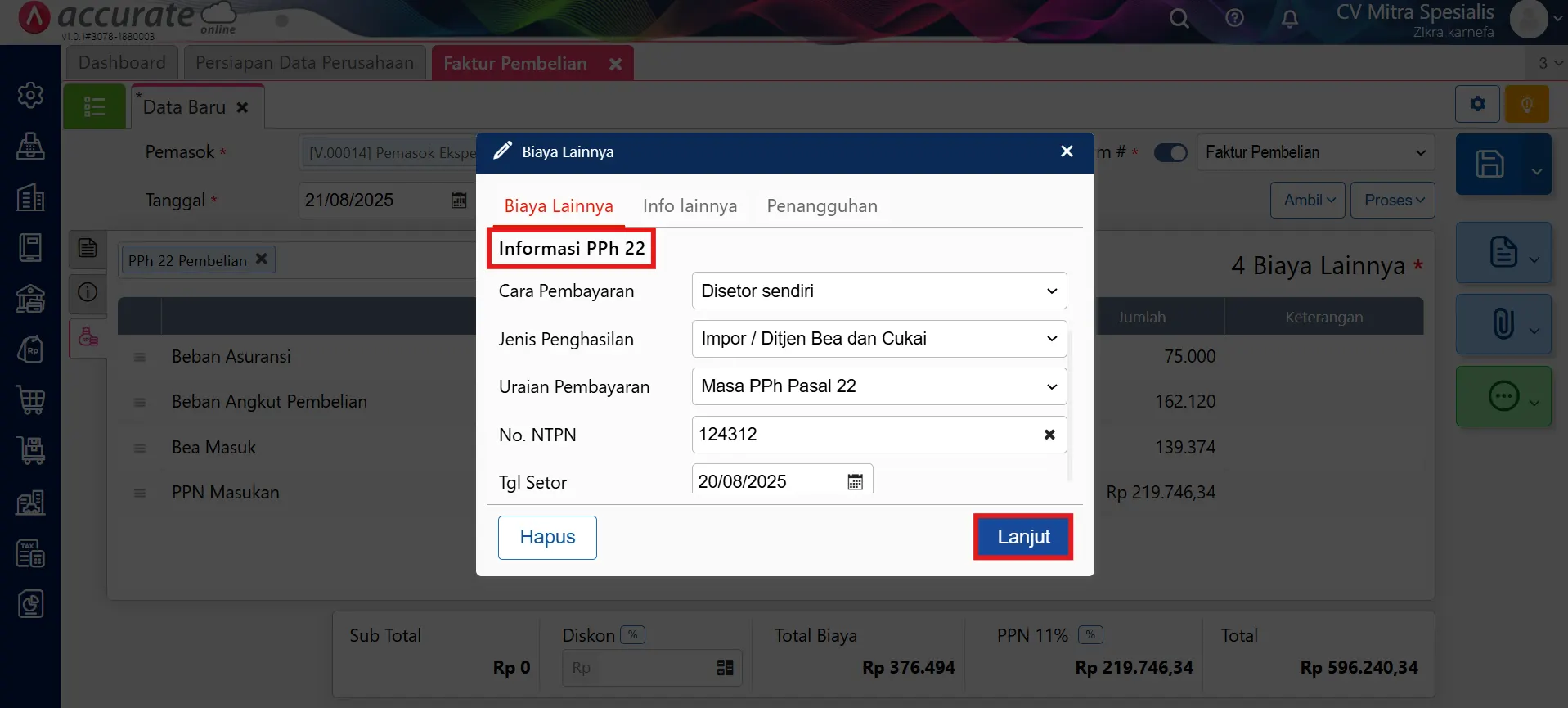 mencatat pembelian impor PPn PPh 22